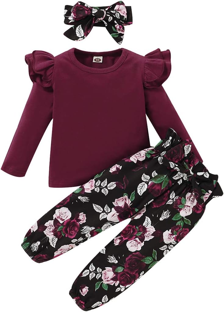 3Pcs Toddler Girl Clothes Solid Color Long Sleeves Ruffle Top+Floral Pants+Headband 1-6 Years Fall/Winter Outfits Set Red 4-5T