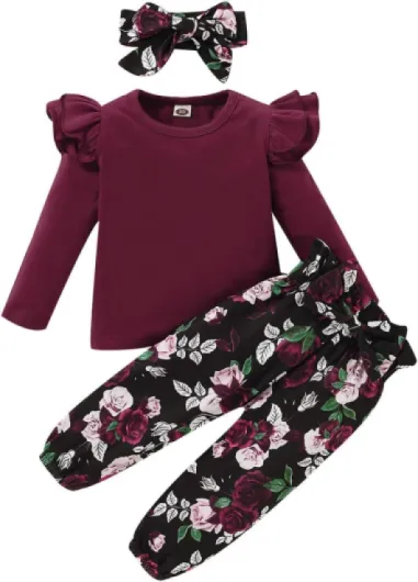 3Pcs Toddler Girl Clothes Solid Color Long Sleeves Ruffle Top+Floral Pants+Headband 1-6 Years Fall/Winter Outfits Set Red 4-5T