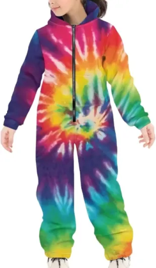 Biyejit Unisex Kids Jumpsuits Novelty Printed Zip Up Hoodie Onesie Rompers for Boys Girls 7-16 Years X-Large Tie Dye