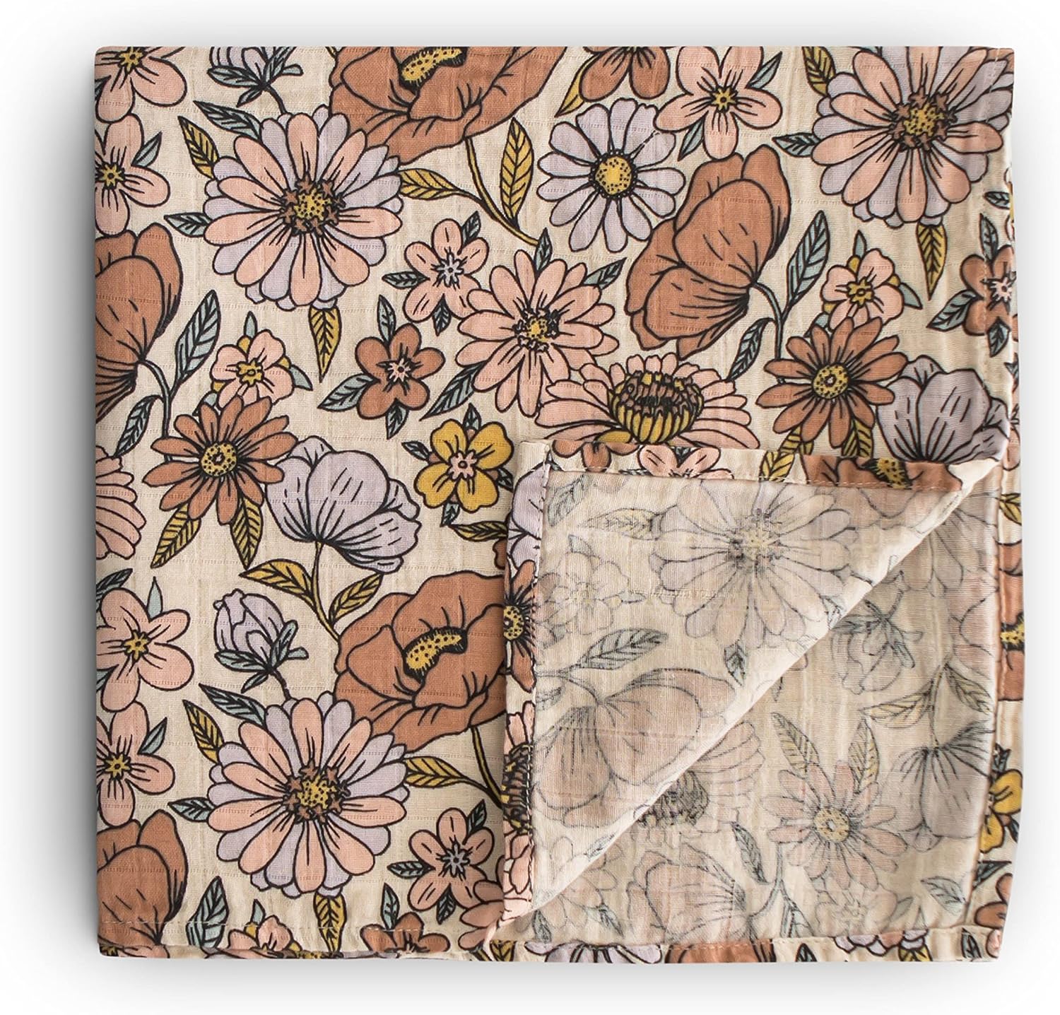 Muslin Baby Swaddle Blanket - 100% Organic Cotton (Retro Flowers)