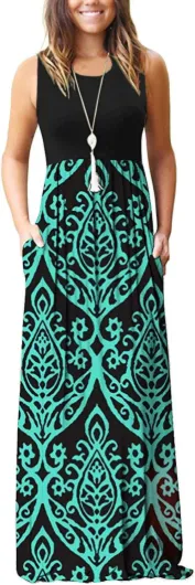 Women's Loose Plain Maxi Dresses Casual Long Dresses with Pockets Large 00 Black Green