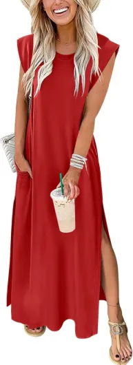 Summer Dress for Women 2026 Maxi Sundresses Casual Cap Sleeve Crew Neck Loose Split Beach Travel Vacation Outfits Red Large