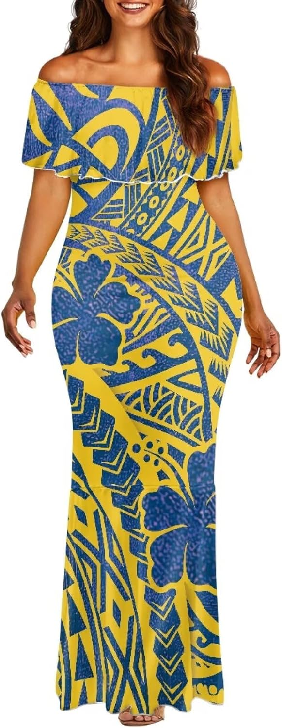 Women's Summer Polynesian Off Shoulder Maxi Dress Sexy Beach Vacation Casual Luau Long Party Dresses Polynesian Plumeria Floral 6X-Large