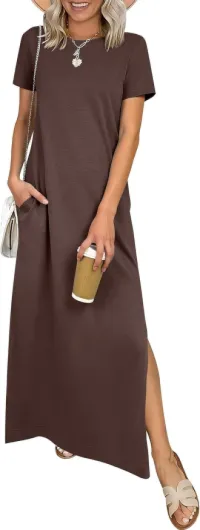 Womens Summer Casual Maxi Dress Short Sleeve Crewneck Split Wrinkle-Free Travel Long Sundress Beach Vacation Clothes Brown X-Large