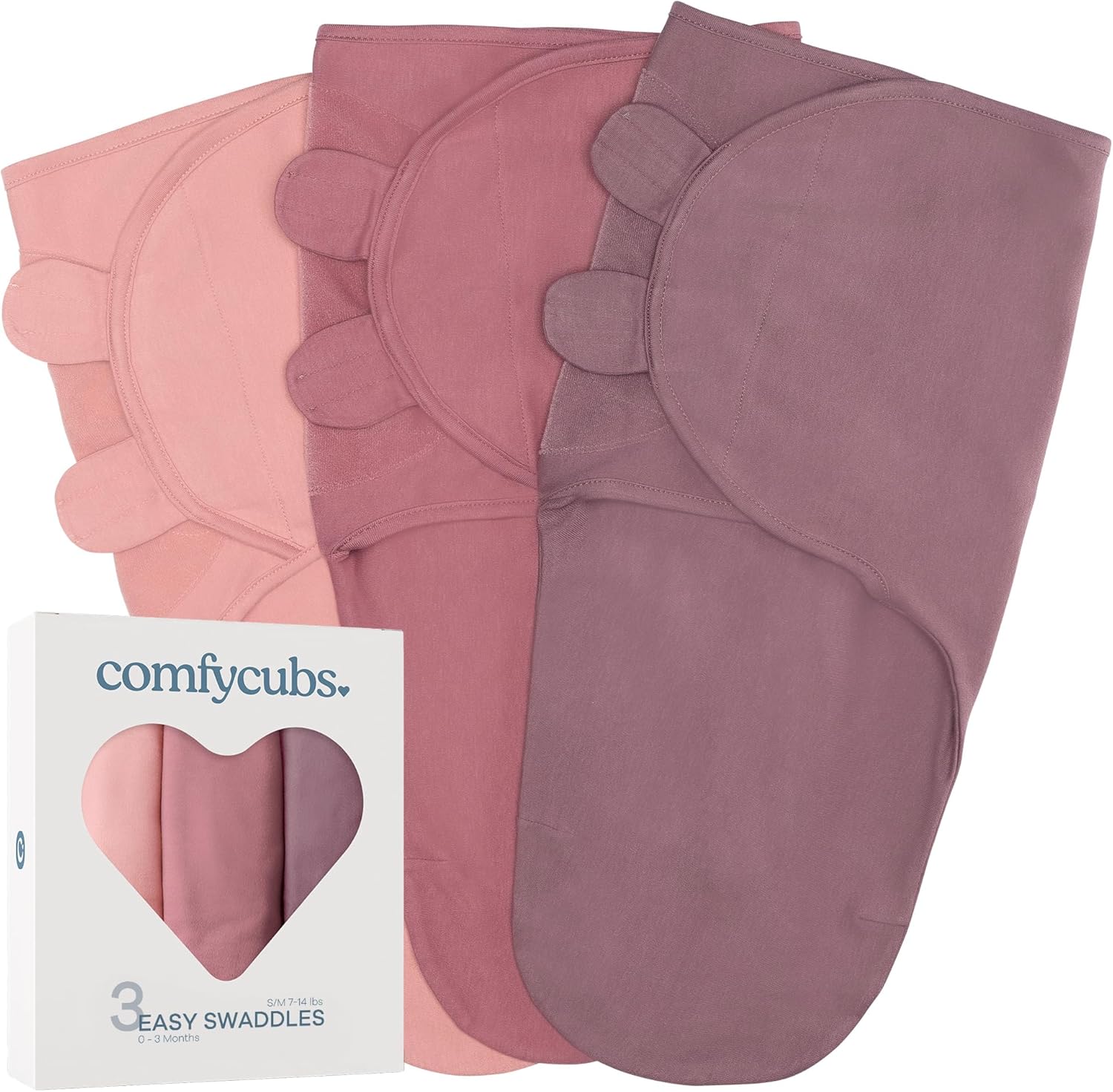 Easy Swaddle Blanket, 3 Pack - 100% Cotton Newborn Wrap, Small for 0-3 Months Infants, with Adjustable Velcro, Breathable and Durable Sleep Sack for Babies - Blush, Mauve & Mulberry Blush, Mauve & Mulberry Small (0-3 Months)