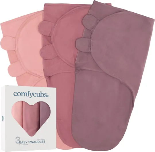 Easy Swaddle Blanket, 3 Pack - 100% Cotton Newborn Wrap, Small for 0-3 Months Infants, with Adjustable Velcro, Breathable and Durable Sleep Sack for Babies - Blush, Mauve & Mulberry Blush, Mauve & Mulberry Small (0-3 Months)