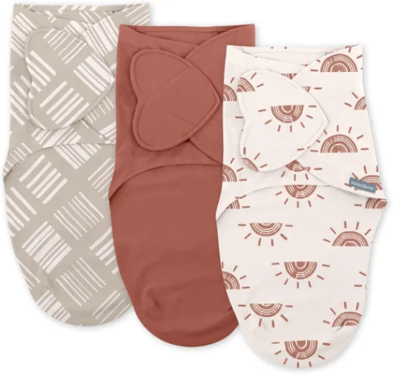 By Ingenuity Monogram Collection Baby Swaddle, 100% Cotton, Improves Sleep & Calms Startle Reflex, 0-3 Months, Pocket Fold Design for Easy Changes, 1.0 TOG, 3-Pack - Rising Sun