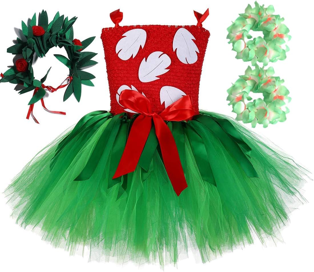 Summer Hawaiian Red Green Tutu Dress for Girls 1-12Y with Tropical Fern Leaf Headband Birthday Party Gifts Red B 1-2T