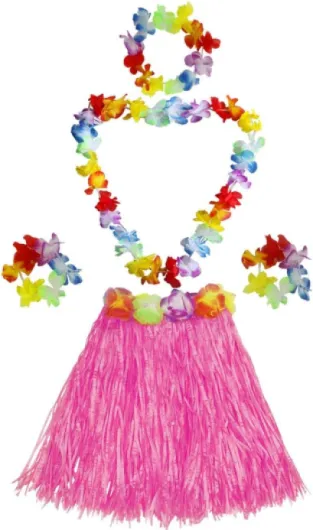 Fortuning's JDS Girl's Elastic Hawaiian Hula Dancer Grass Skirt with Flower Costume Set -Pink