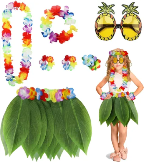 PHOGARY 7 Pack Hawaiian Flower Leaf Hula Skirt Costume Accessory Kit for Hawaii Luau Party Colorful