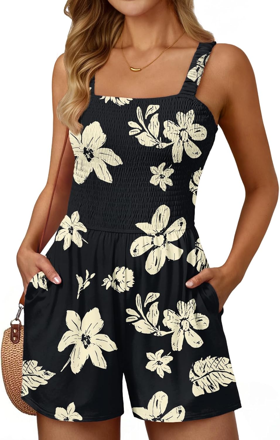 Rompers for Women Summer Vacation Beach Outfits Casual Loose Square Neck Shorts Jumpsuits Overalls 2026 Resort Wear Black X-Large