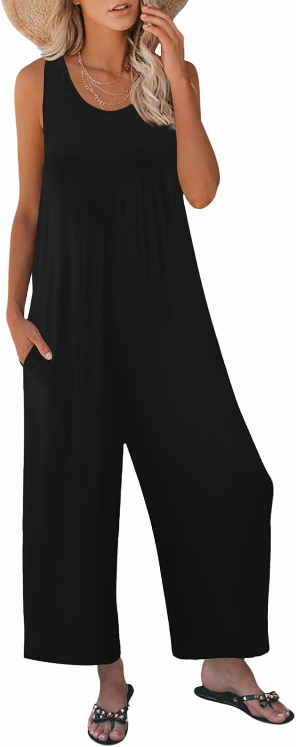 Women's Summer Casual Loose Tank Jumpsuit Sleeveless Crewneck Long Pants Jumpsuit Romper with Pockets Black Large
