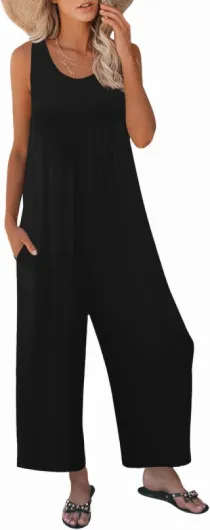 Women's Summer Casual Loose Tank Jumpsuit Sleeveless Crewneck Long Pants Jumpsuit Romper with Pockets Black Large