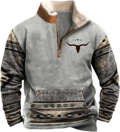 Western Sweatshirts for Men Aztec Cowboy Vintage Graphic Fleece Hoodie Mens Quarter Zip Pullover Country Jacket Medium C Gray