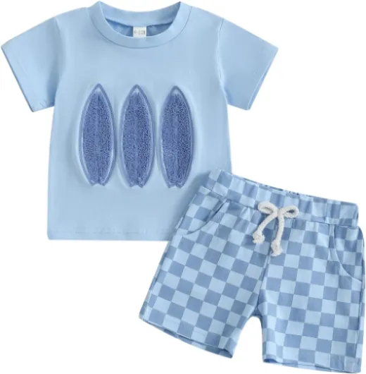 Toddler Baby Boy Clothes Beach Elements Embroidery Short Sleeve T-Shirt and Elastic Waist Shorts Set Summer Outfit A-blue 6-12 Months