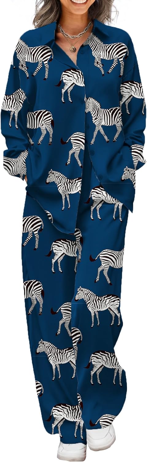Womens Satin Silky Pajama Set 2 Piece Print PJs Soft Loungewear Button Down Sleepwear with Elastic Waist Long Pants B-black Zebra Medium