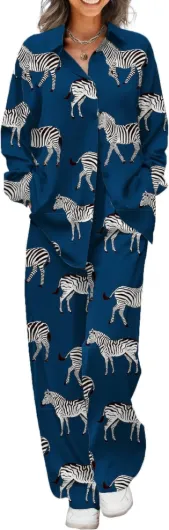 Womens Satin Silky Pajama Set 2 Piece Print PJs Soft Loungewear Button Down Sleepwear with Elastic Waist Long Pants B-black Zebra Medium