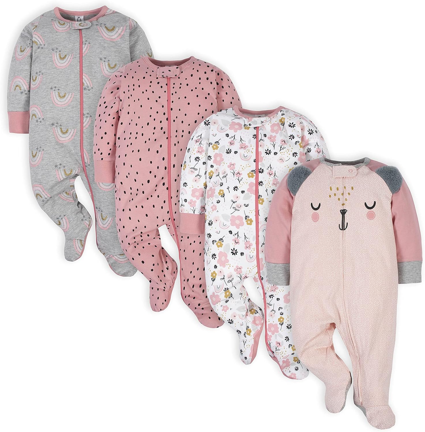 Baby-girls 4 Pack Sleep N' Play Footie 3-6 Months Bear Pink
