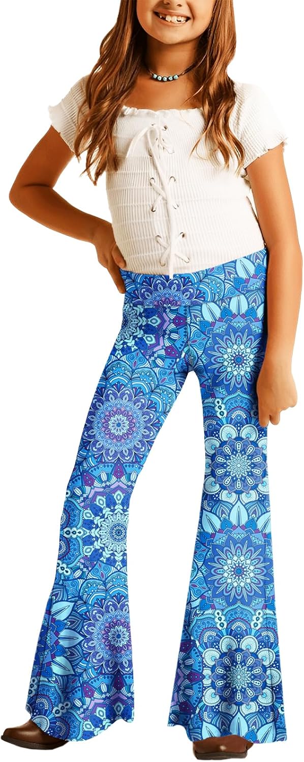 Girls Valentine Bell Bottom St Patricks Print Stretch Hippie Pants High Waist Flare Pants 5-14 Year 5-6 Years Blue