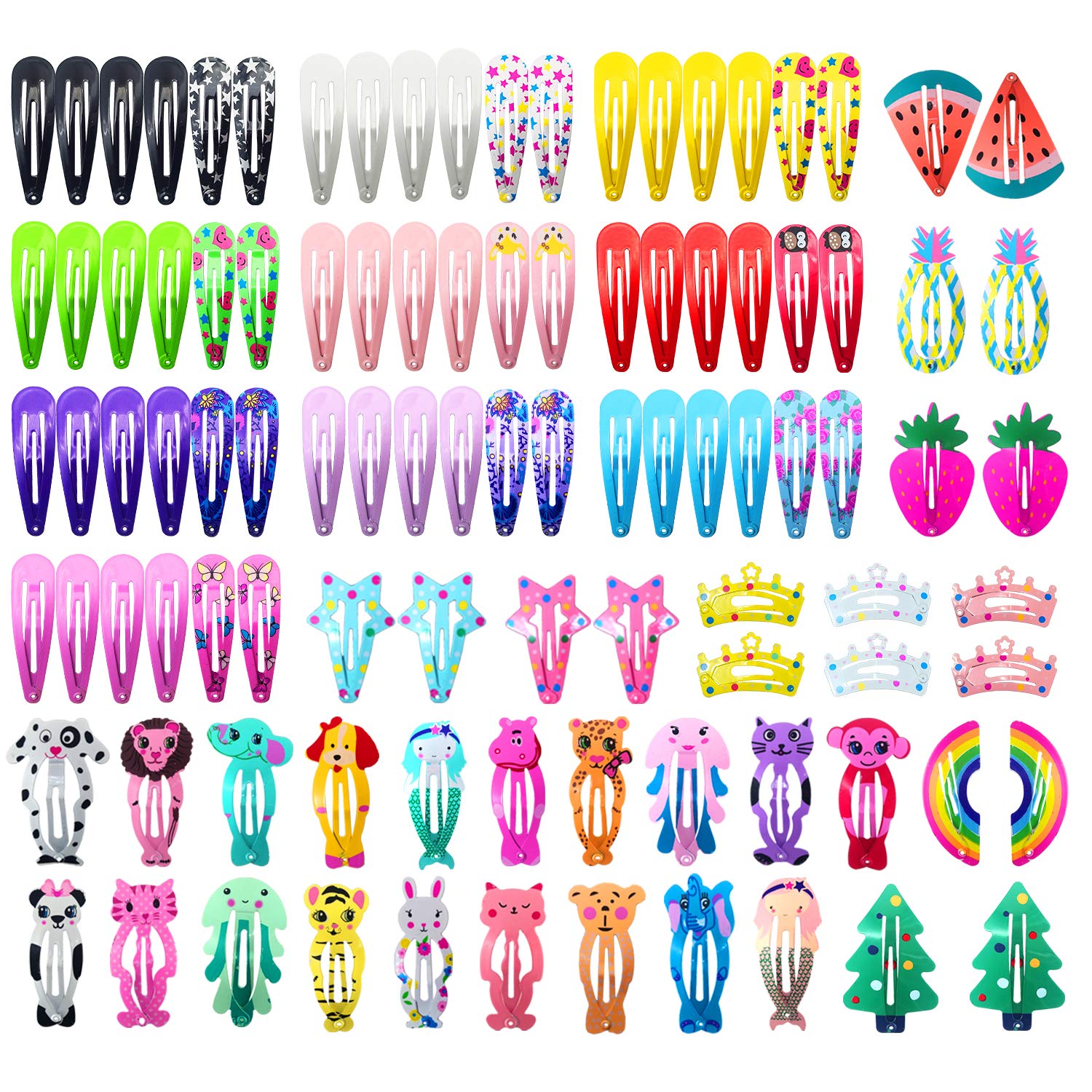 Hair Clips for Girls,100 Pcs No Slip Metal Snap, Barrettes for Kids Teens Women, Cute Candy Color Cartoon Design Hair Pins (Animals Fruits Crowns Stars)