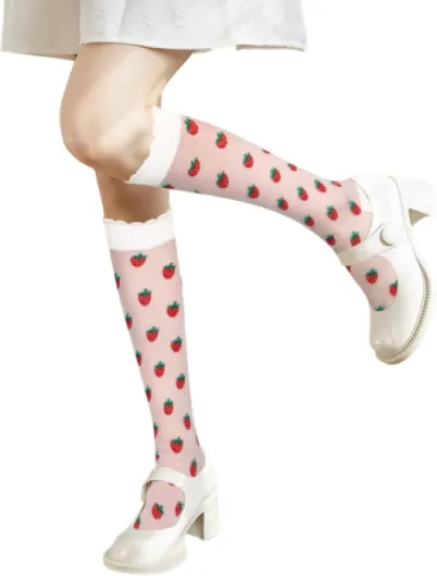 Womens Girls Lace Knee High Stockings Sheer Knee High Socks Transparent See Through Thin Silk Fancy Long Socks One Size Strawberry