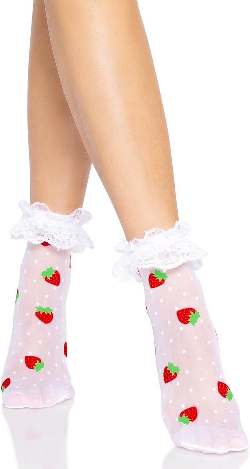 Women's Strawberry Polka Dot Ruffle Top Anket Socks, One Size, White/Red