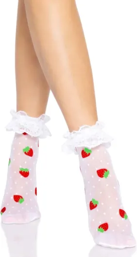 Women's Strawberry Polka Dot Ruffle Top Anket Socks, One Size, White/Red