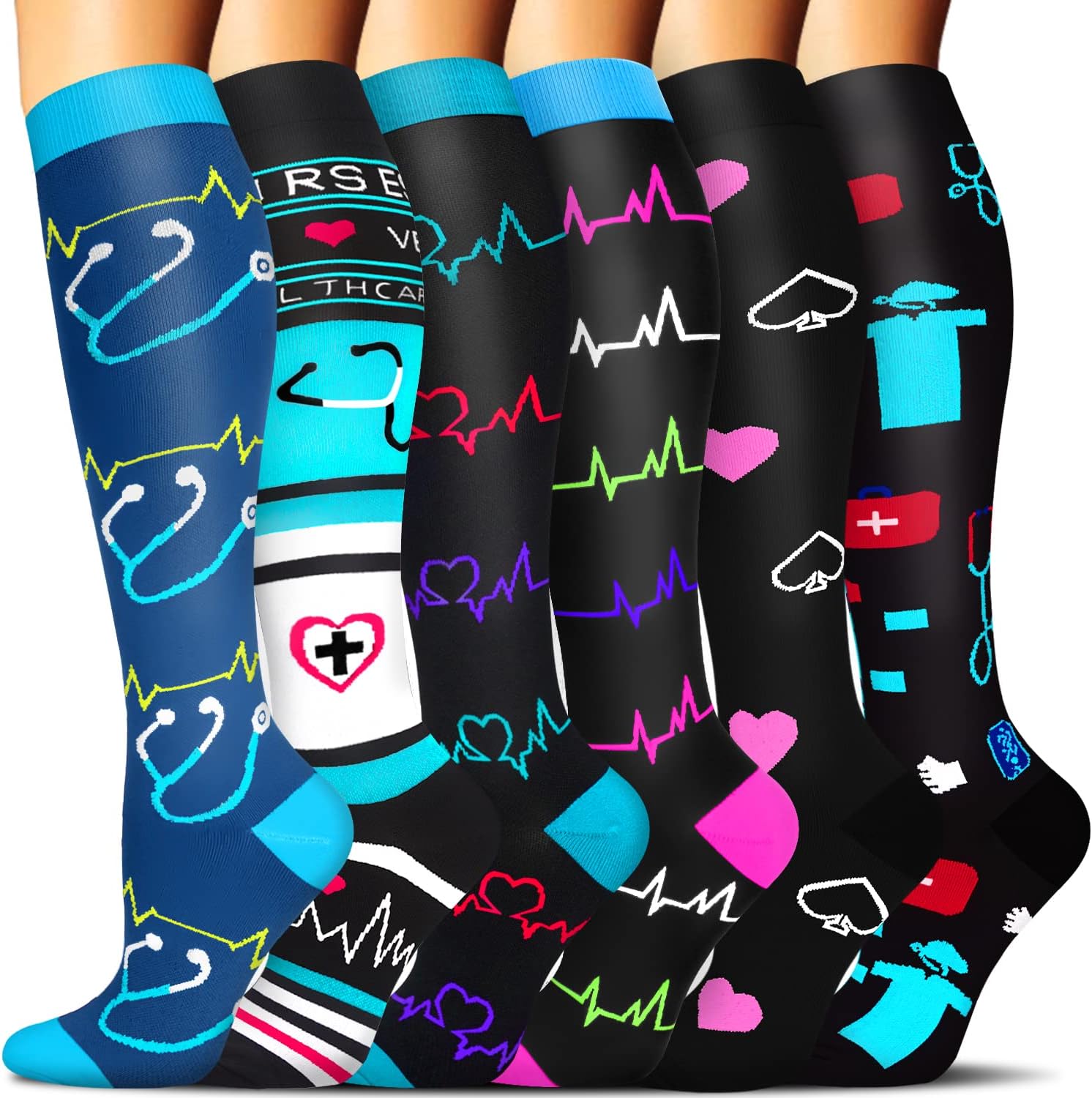 Compression Socks for Women & Men 6 Pairs is Best Supportive Knee High Stockings for Circulation, Travel, Nurses 01 Assorted 1 Small-Medium