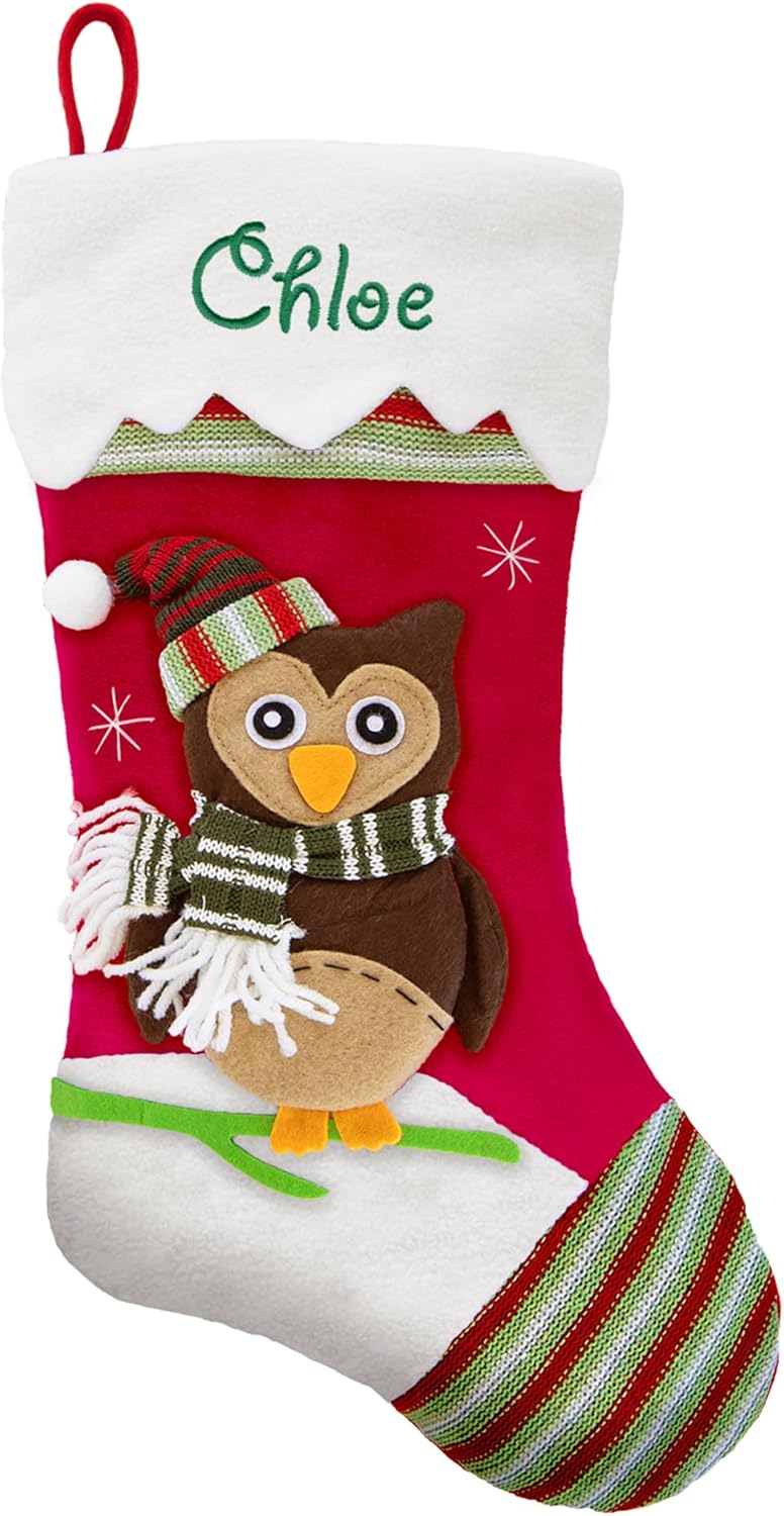 Let's Make Memories Personalized Christmas Stocking - Snow Cap Winter Wonderland - 3D Plush Character - Embroidered Name - Christmas Decor - Holiday Decor - Customized Stockings for Family - Owl