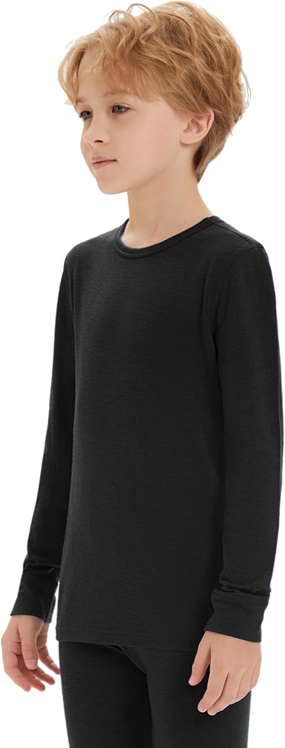 Unisex Kids 100% Merino Wool Base Layer Top Thermal Underwear Shirt for Girls and Boys 190-black 5-6 Years