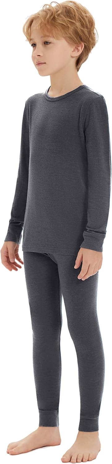 Unisex Kids 100% Merino Wool Base Layer Set Thermal Underwear Sets for Girls and Boys 190-heather Grey 3-4