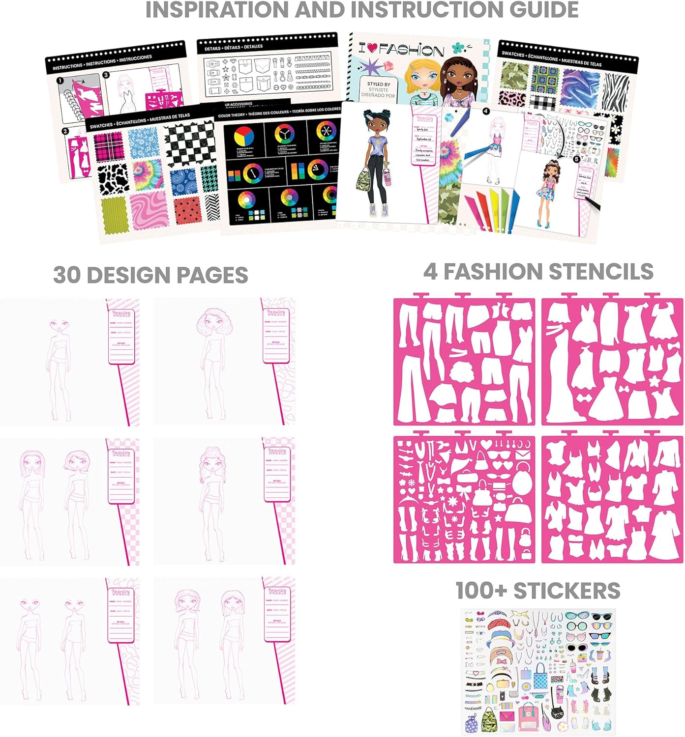I Love Fashion Sketch Portfolio, Includes Sketch Pad with Stencils & Stickers, Fashion Design Sketch Book for Girls, Ideal Drawing Kit for Kids