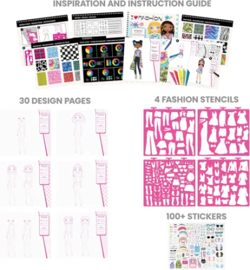 I Love Fashion Sketch Portfolio, Includes Sketch Pad with Stencils & Stickers, Fashion Design Sketch Book for Girls, Ideal Drawing Kit for Kids