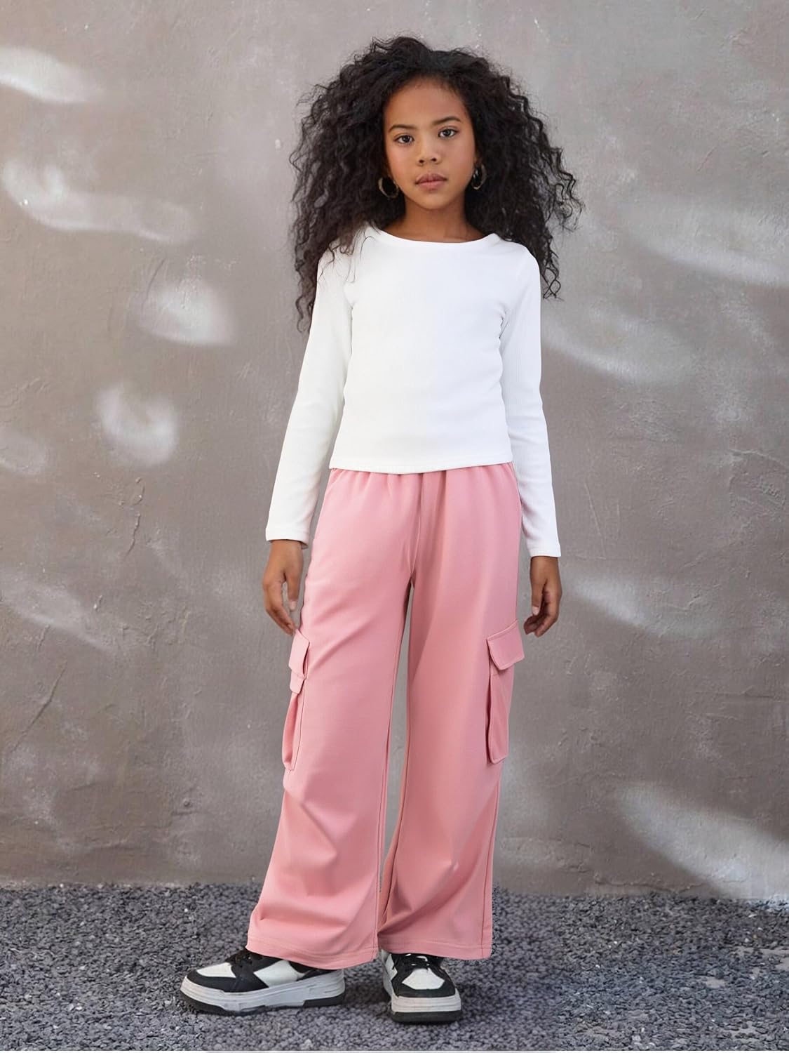 Girls Clothes 2 Piece Outfit Ribbed T-Shirt Top + Cargo Pants, Girls Fall Clothing Set, Sizes 5-16 Years Pink 7-8 Years
