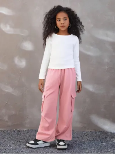 Girls Clothes 2 Piece Outfit Ribbed T-Shirt Top + Cargo Pants, Girls Fall Clothing Set, Sizes 5-16 Years Pink 7-8 Years