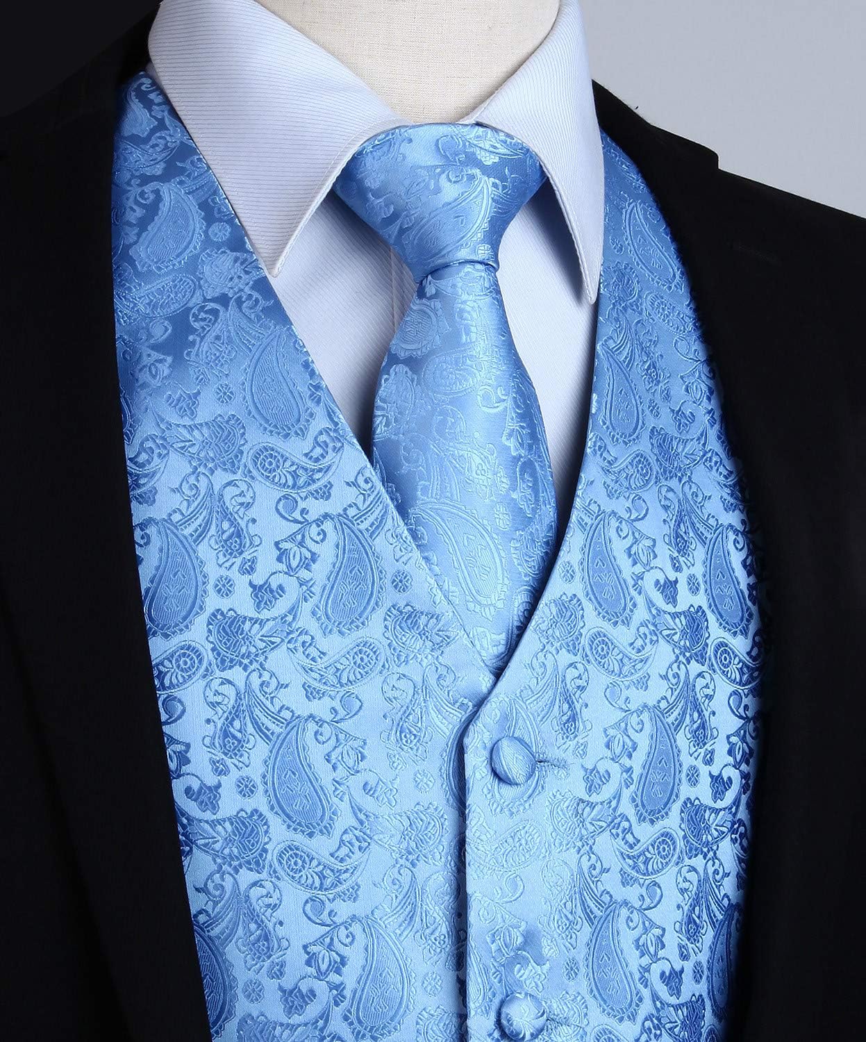 Waistcoats for Men Paisley Wedding Waistcoat Tie Pocket Square Floral Jacquard Party Suit Vest Set blue L