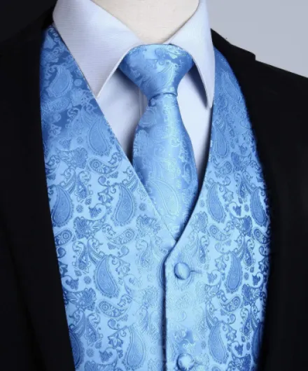 Waistcoats for Men Paisley Wedding Waistcoat Tie Pocket Square Floral Jacquard Party Suit Vest Set blue L