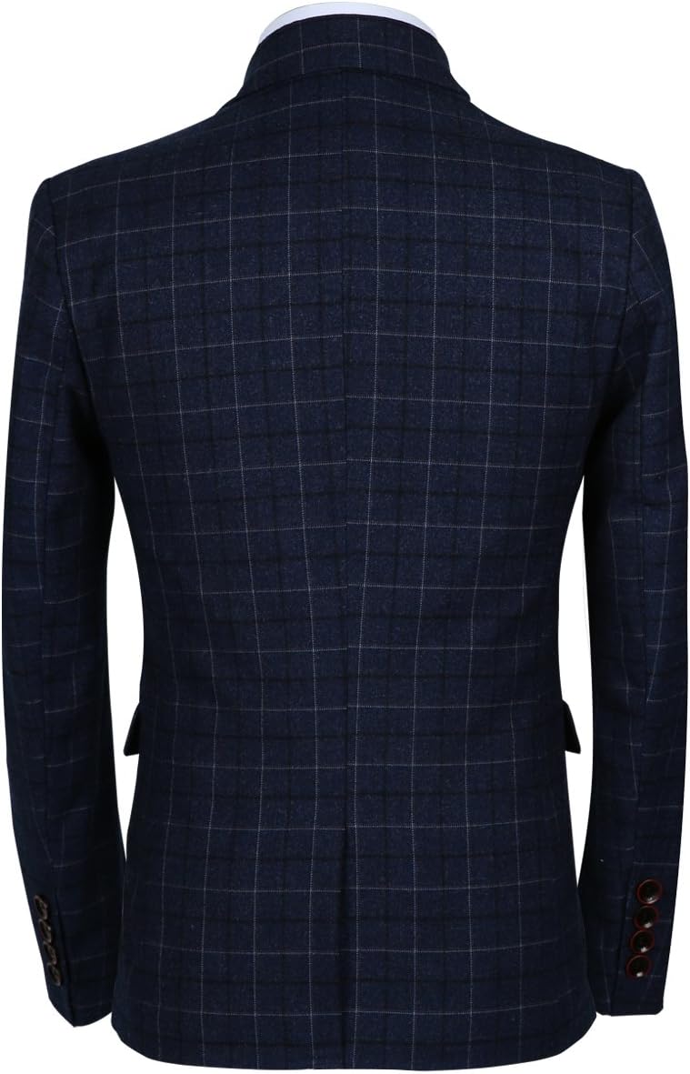 Mens One Button Slim Fit Three Piece Checked Suit Blazer+Waistcoat+Pants 32 Blue