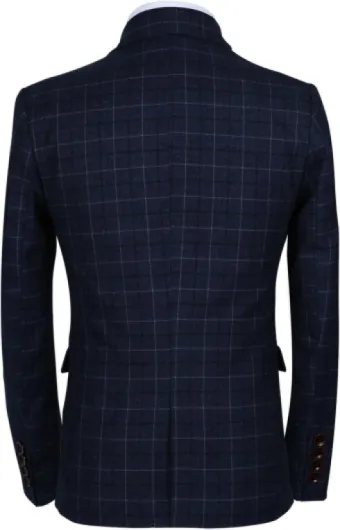 Mens One Button Slim Fit Three Piece Checked Suit Blazer+Waistcoat+Pants 32 Blue