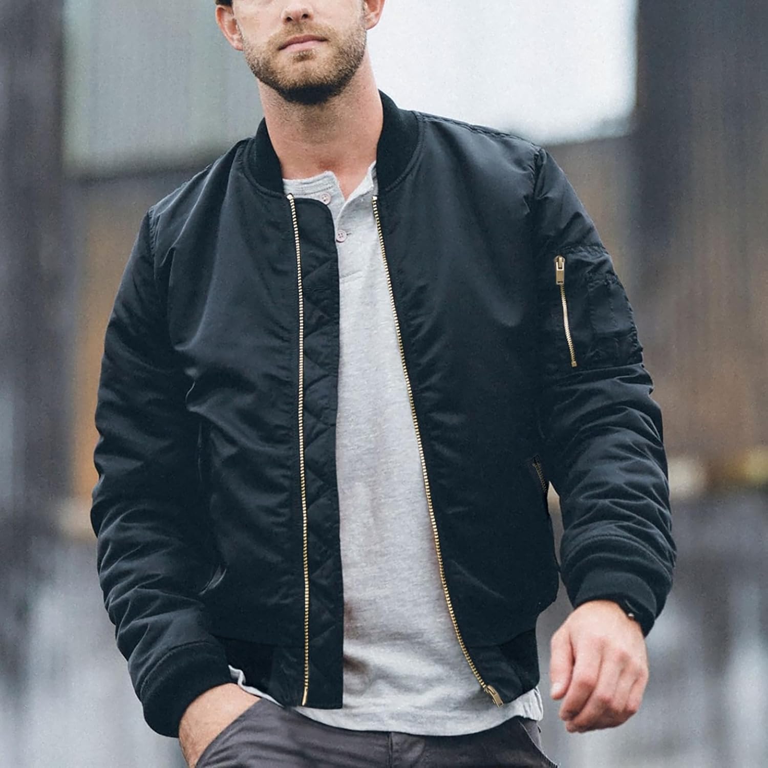 Men's Bomber Jacket Casual Winter Warm Windbreaker Outwear Full Zip Padded Lined Coats Black L