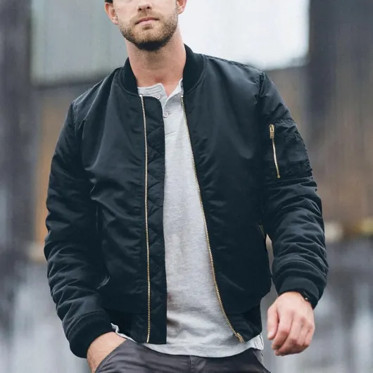 Men's Bomber Jacket Casual Winter Warm Windbreaker Outwear Full Zip Padded Lined Coats Black L