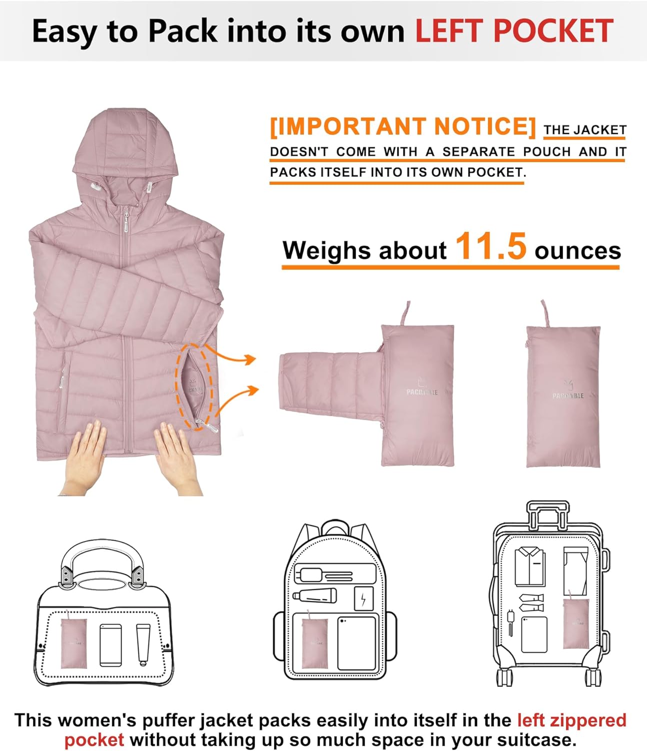 Women's Winter Lightweight Puffer Jacket with Hood, Warm, Short, Packable, Quilted, Transitional, Padded Jacket for Ladies, Lined for Hiking, Travel Pale Rosy M