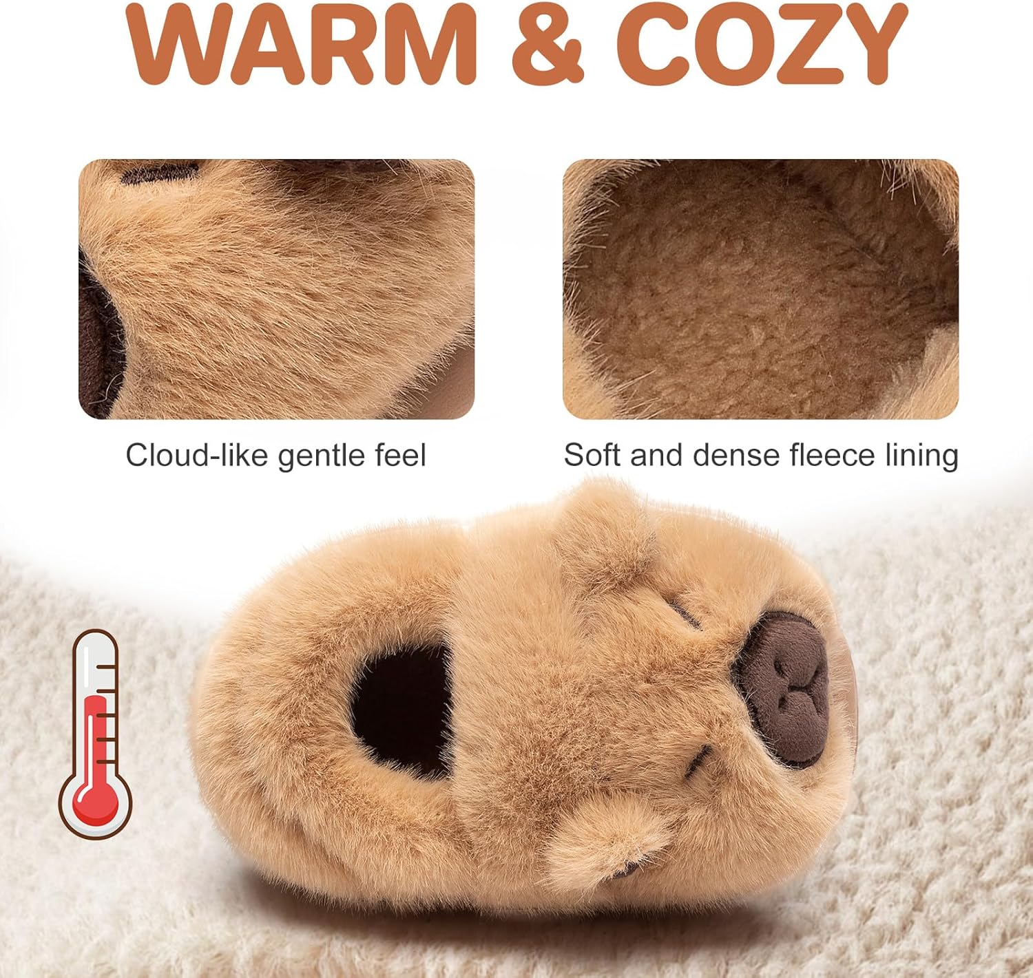 Toddler Kids Slippers for Girls Boys, Winter House Shoes Plush Warm Soft with Cute Cartoon Design Indoor 2.5/3 UK Khaki