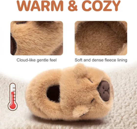 Toddler Kids Slippers for Girls Boys, Winter House Shoes Plush Warm Soft with Cute Cartoon Design Indoor 2.5/3 UK Khaki