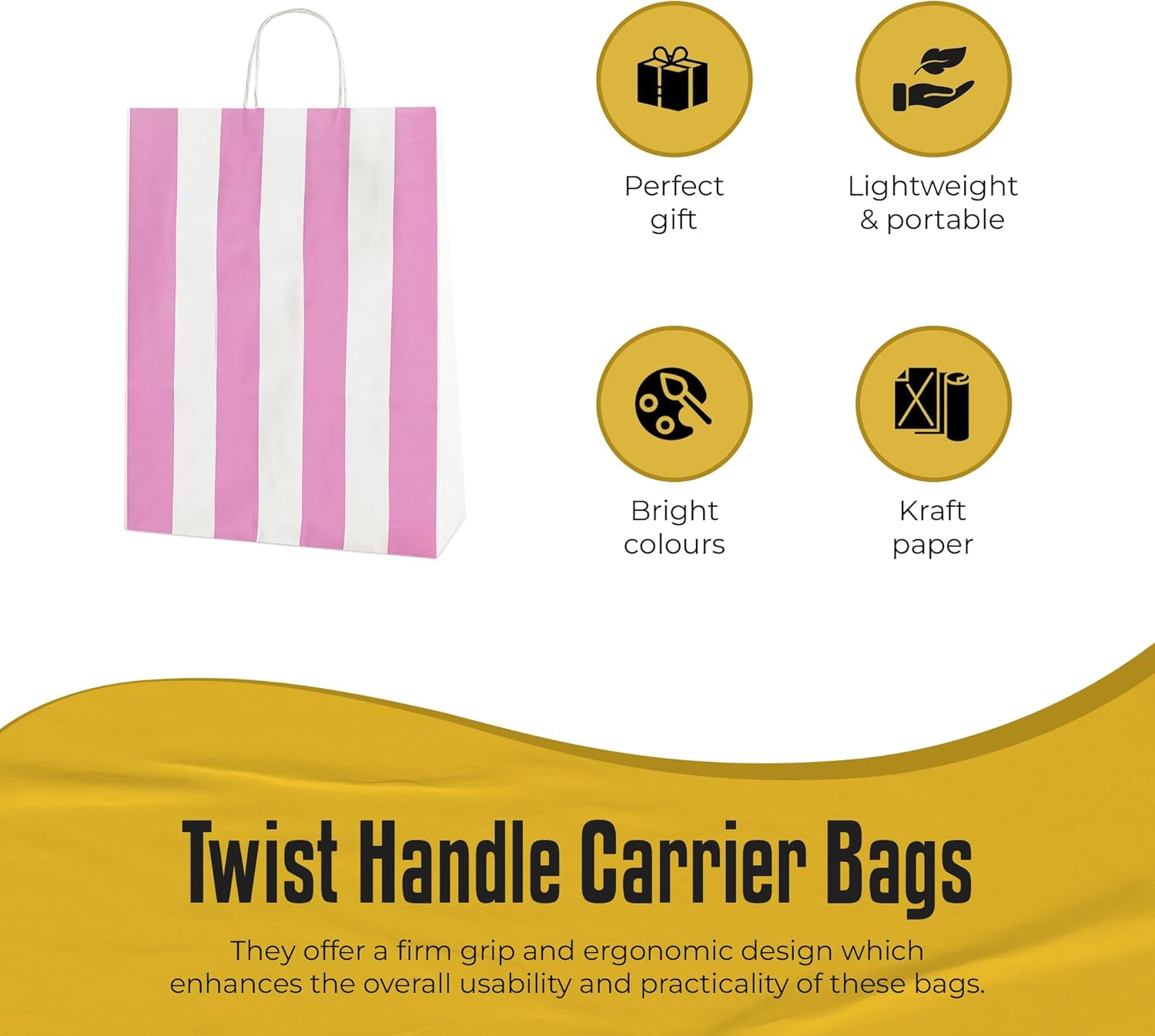 30 Light Pink/White Stripe Medium Paper Bags with Handles - 25x11x31cm - Colourful Paper Gift Bags for Adults and Kids - for Shopping, Party, Birthdays and Weddings Light Pink & White Stripe 1 count (Pack of 30)