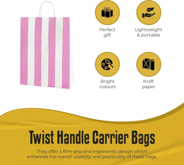 30 Light Pink/White Stripe Medium Paper Bags with Handles - 25x11x31cm - Colourful Paper Gift Bags for Adults and Kids - for Shopping, Party, Birthdays and Weddings Light Pink & White Stripe 1 count (Pack of 30)