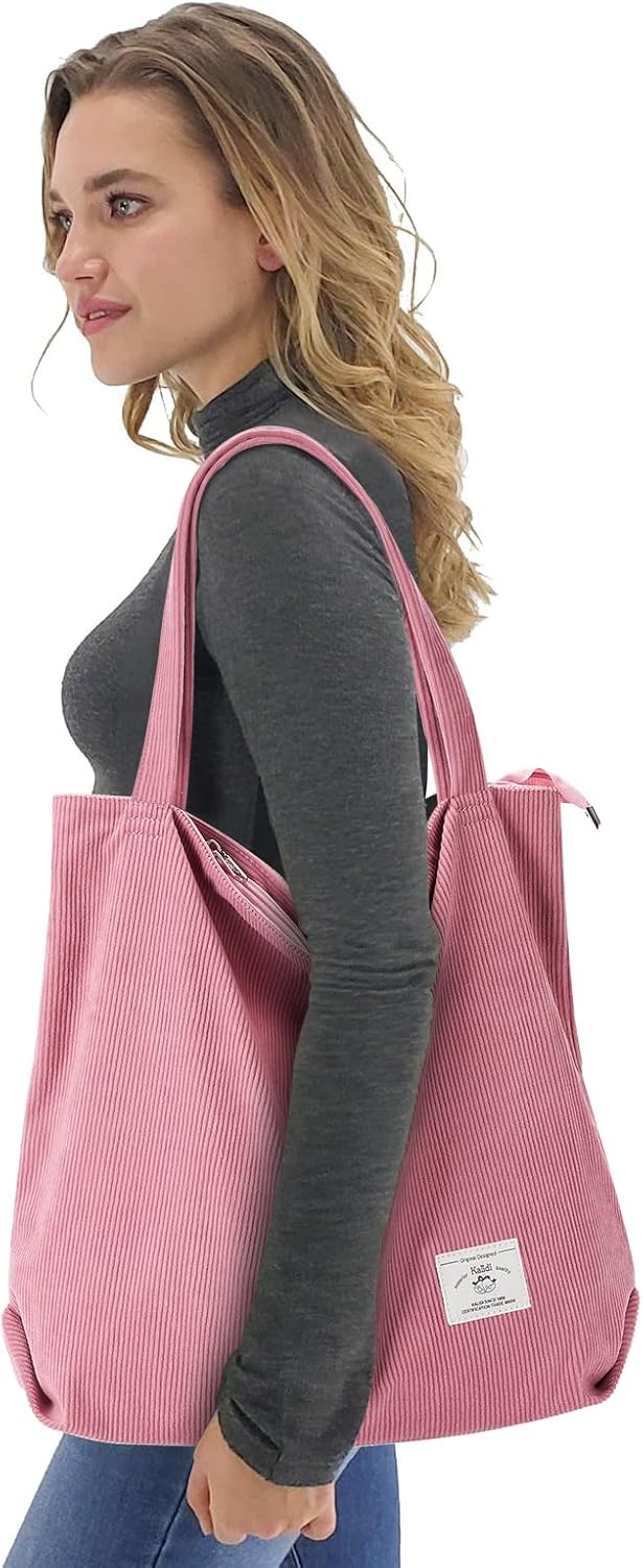 Thicken Corduroy Totes Bag Extra Large Capacity Handbags Shoulder Bags with Zipper Cord Tote Bag for Women Ladies Girls Casual Shopping Bag for Work School College Daily Use Pink