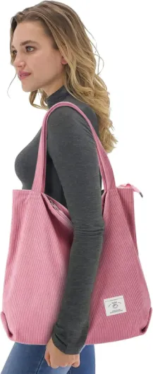 Thicken Corduroy Totes Bag Extra Large Capacity Handbags Shoulder Bags with Zipper Cord Tote Bag for Women Ladies Girls Casual Shopping Bag for Work School College Daily Use Pink