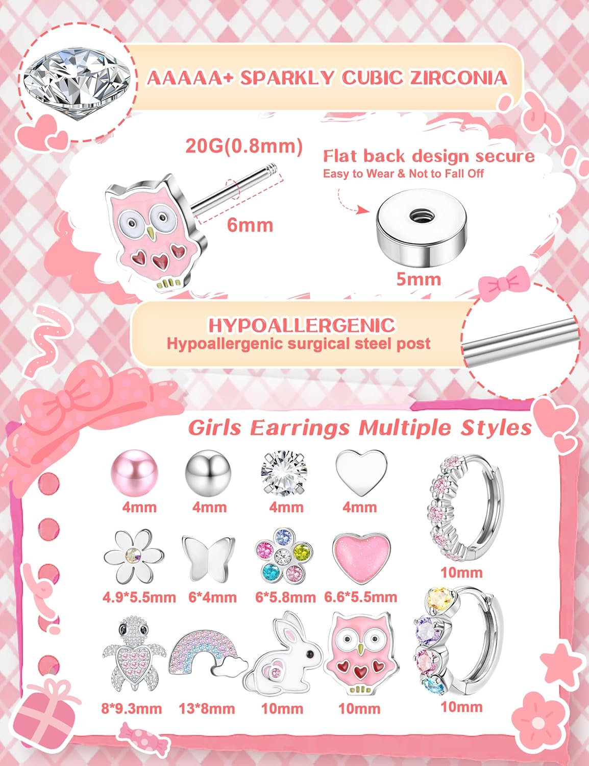 DOCHAIS 14 Pairs Flat Back Earrings for Girls Women Hypoallergenic Surgical Steel Stud Earrings Cute Small Hoop CZ Heart Flower Butterfly Stud Hoop Earring Set Kids Jewellery Gift for Teen Girls Earring Set A