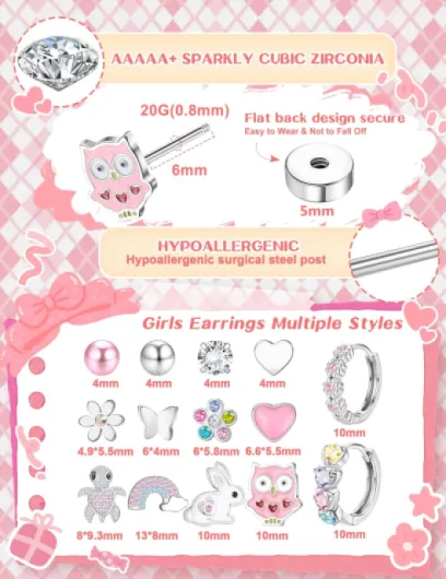 DOCHAIS 14 Pairs Flat Back Earrings for Girls Women Hypoallergenic Surgical Steel Stud Earrings Cute Small Hoop CZ Heart Flower Butterfly Stud Hoop Earring Set Kids Jewellery Gift for Teen Girls Earring Set A